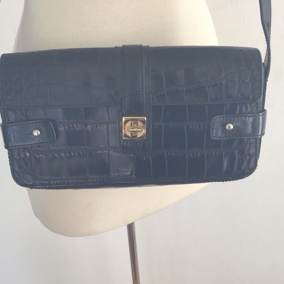 Y2K Cole Haan croc embossed black convertible strap east west baguette bag - Picture 3 of 13